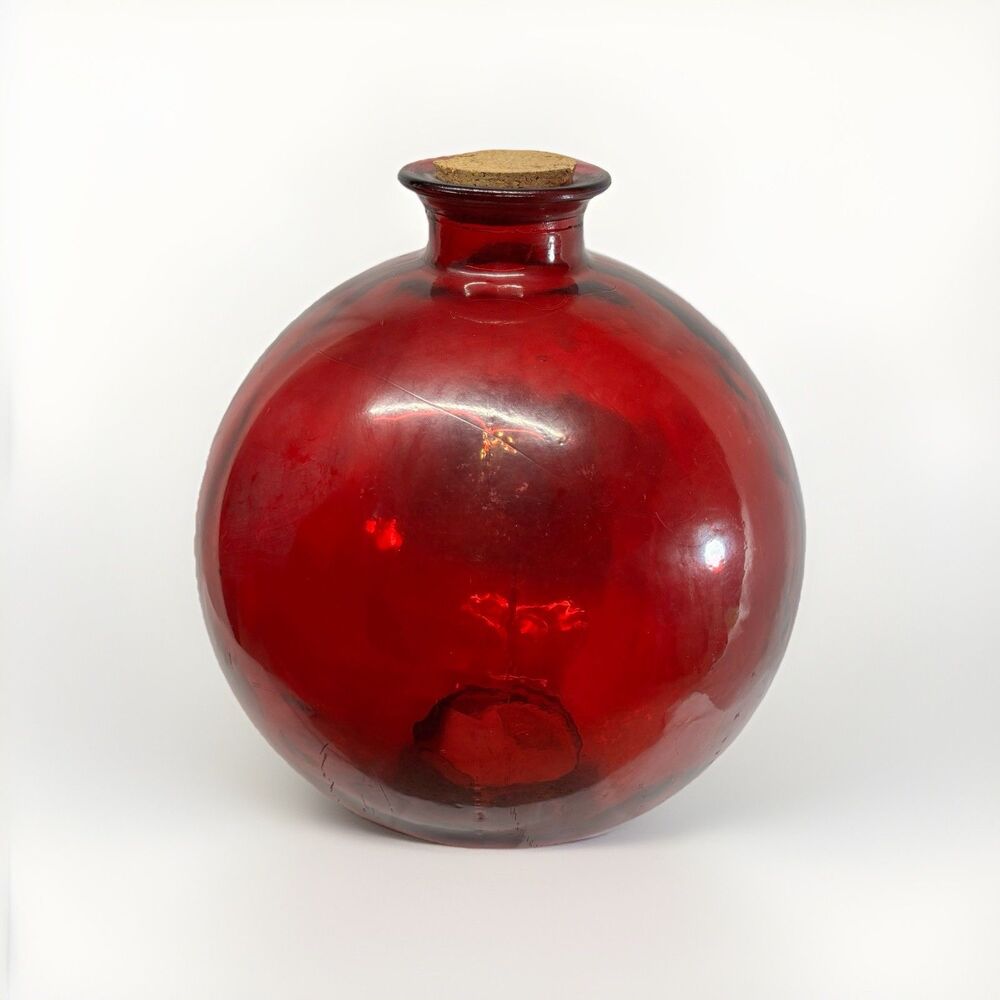 VTG 16” Vidrios Miguel Spain Recycled Glass Ruby Red Balloon Floor Vase MCM